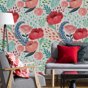 Red Poppy flowers and leaves wallpaper| Peel & Stick | Self adhesive | Repositionable wallpaper | Removable wall mural