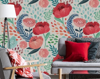 Red Poppy flowers and leaves wallpaper| Peel & Stick | Self adhesive | Repositionable wallpaper | Removable wall mural