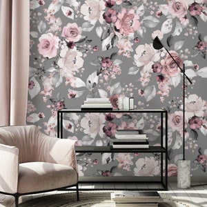 Wallpaper with flowers and leaves, floral pattern | Peel & Stick | Self-adhesive | Repositionable, Removable wallpaper
