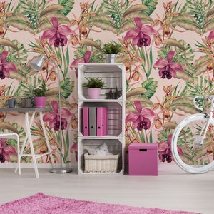 Orchidea giungla esotica vintage, carta da parati con foglie di banana | Stacca e attacca | Autoadesivo | Carta da parati riposizionabile | Murale rimovibile