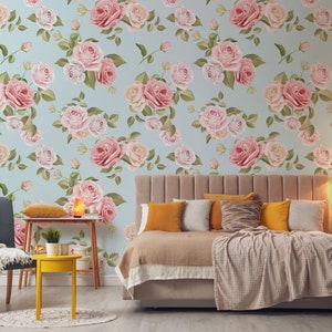 Beautiful pink roses Floral wallpaper | Self adhesive | Repositionable wallpaper | Removable wall mural