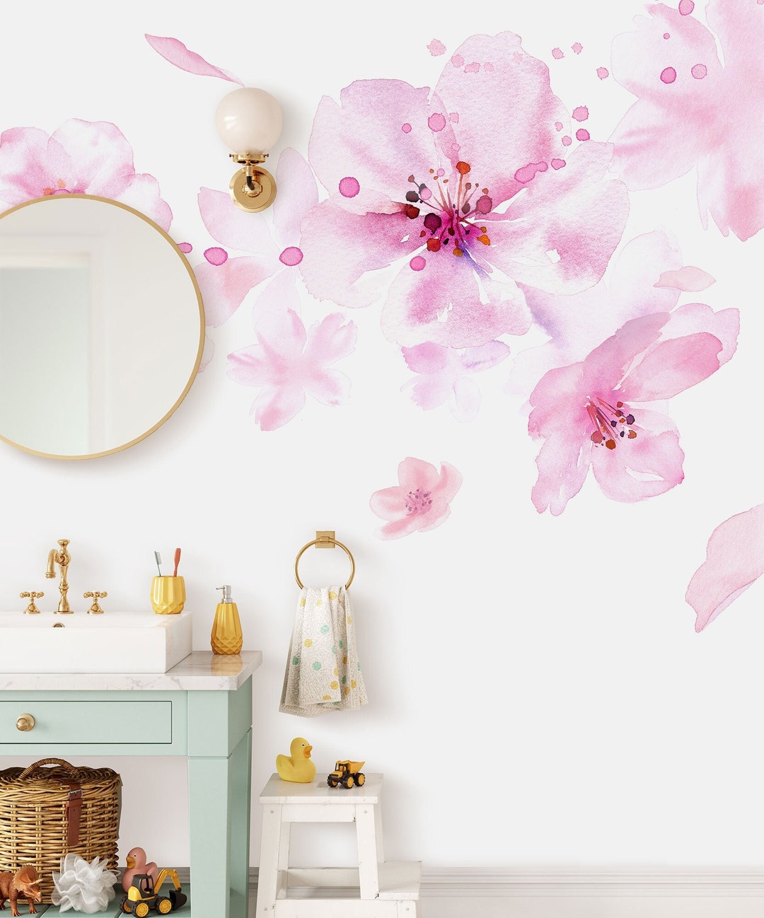Cherry Blossom Watercolor Floral Wallpaper, Pink Floral Wall Mural ...