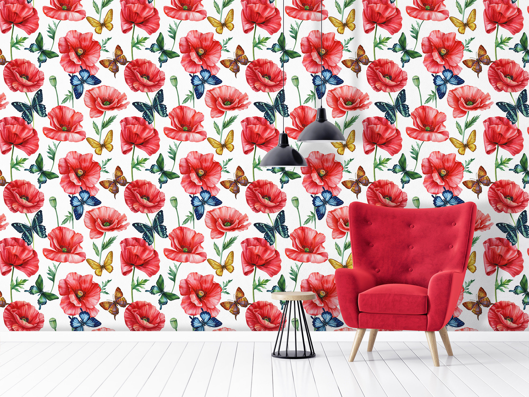 Red Poppy and Butterfly Wallpaper, Floral Watercolor Pattern, Wall ...