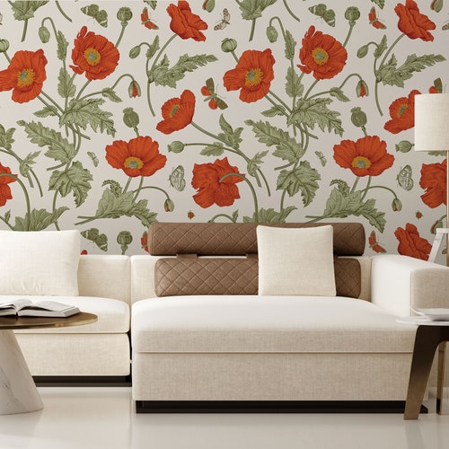 Poppy Red Flowers Wallpaper Peel & Stick Self Adhesive Etsy