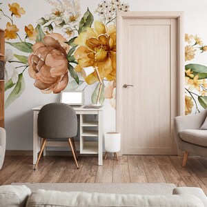 Aquarell-Blumentapete, botanisches Blumenmuster, Wandbild [Abziehen und Aufkleben (selbstklebend) oder traditionelle Vinyltapeten]