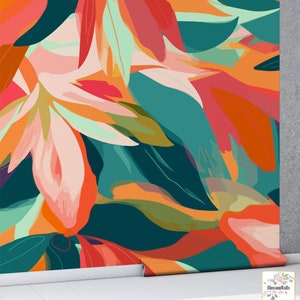 Summer Boho Green and Orange Abstract Modern Floral Art Wallpaper [peel ...