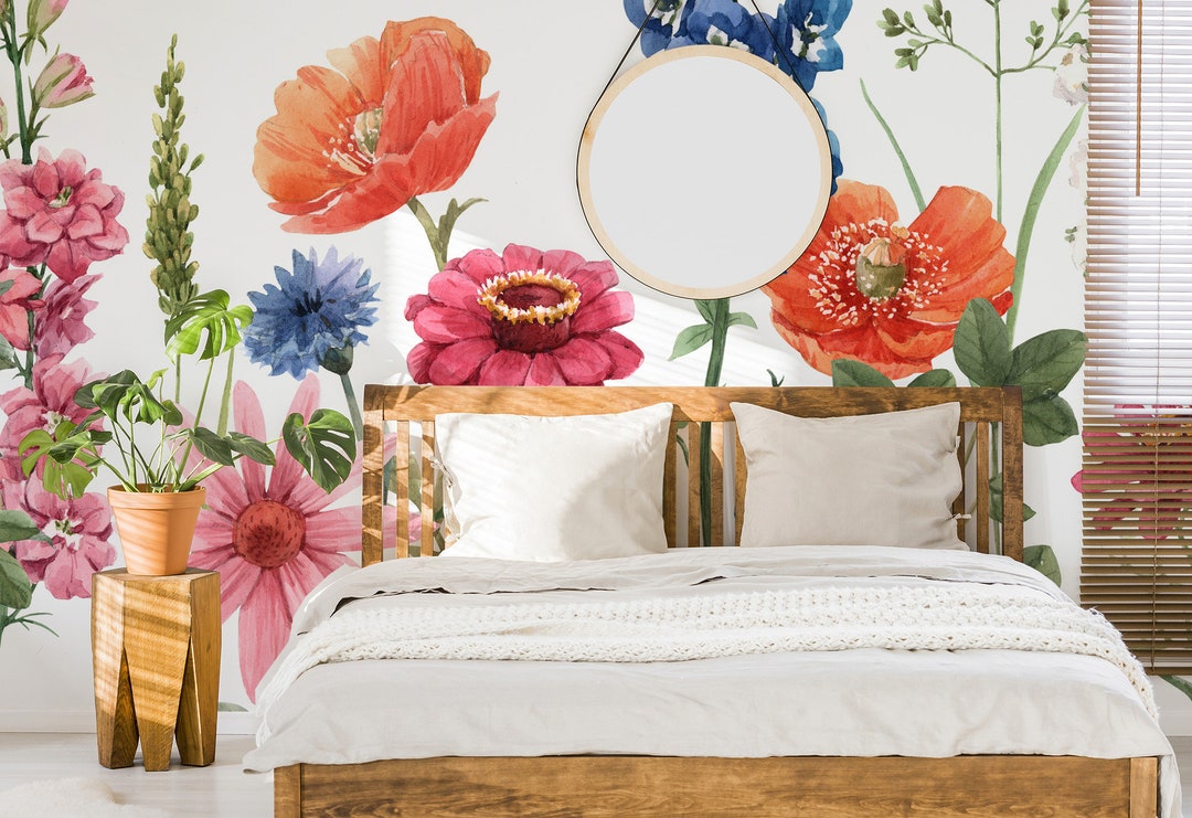 Floral Garden Wall Mural, Blossom Wallpaper, Watercolor Botanical Wall