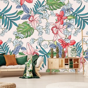 Colorful tropical jungle wallpaper | Peel & Stick | Self adhesive | Repositionable wallpaper | Removable wall mural