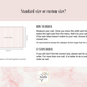 May include: A diagram showing how to measure a wall for wallpaper. The text reads "Standard size or custom size?" and includes instructions on how to order standard or custom sizes. The text also says "The wallpapers work best applied in panels."