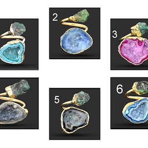 Real Geode Druzy Rings, Emerald Ring, Gold Plated Rings, Rough Fashion Ring, Gift For Her Ring, Adjustable Rings For Women 400