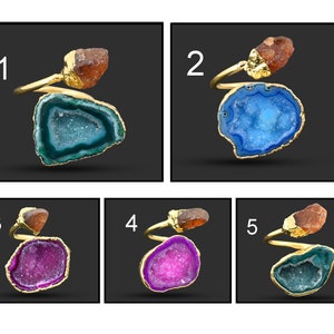 Real Geode Druzy Rings, Hessonite Ring, Gold Plated Rings, Rough Fashion Ring, Gift For Her Ring, Adjustable Rings For Women 410