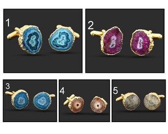 Cufflinks Real Solar Geode Druzy Gold Plated Cufflinks, Cufflinks For Men Gift for him, Gemstone Cufflinks Groom Wedding Cufflinks For his