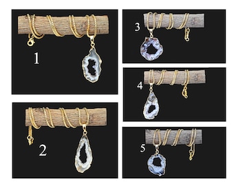 Collar druzy Geode de ágata de corte real, collar chapado en oro Geode Druzy 24k, geode druzy para collar de niña, collar de geoda de Brasil con cadena