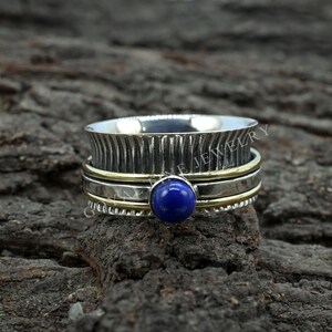 Lapis Lazuli Round Band Solid 925 Sterling Silver Spinner Ring For Women, Designer Band Anxiety Fidget Ring Gifts For Anniversary GFJ-93
