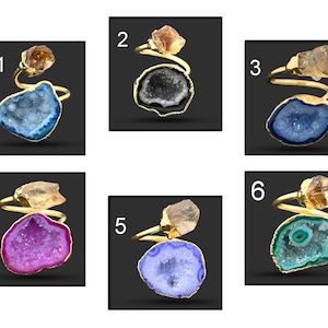 Real Geode Druzy Rings, Citrine Ring, Gold Plated Rings, Rough Fashion Ring, Gift For Her Ring, Adjustable Rings For Women 404