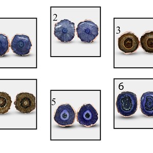 Beautiful Solar Quartz Stud Earring, Rose Gold Plated Stud Earrings, Brown Solar Quartz Earring, Blue Solar Quartz Stud Earrings For Women