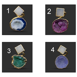 Pink Geode Druzy Ring, White Geode Druzy Gold Plated Rings, Geode Druzy Rings For Women Girl, Adjustable Rings For Her, Green Geode Ring 678