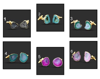 Multi Cufflinks Real Geode Druzy Gold Plated Cufflinks, Cufflinks For Men Gift for him, Gemstone Cufflinks Groom Wedding Cufflinks For his