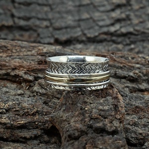 Engraved 925 Sterling Silver Designer Spinner Ring For Women, Handmade Two Tone Meditation Band Ring For Her, Silver Fidget Anxiety Ring-57