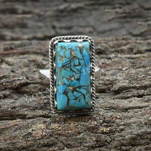 Bar Shape Copper Turquoise Gemstone Silver Ring | 925 Sterling Solid Adjustable Silver Ring Handmade Jewelry | Mothers Day Ring Gift Idea-36