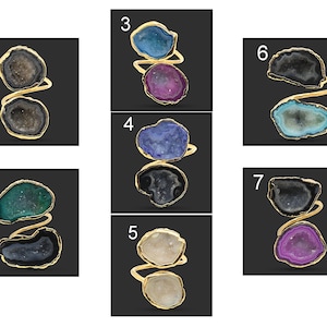 White Geode Druzy Ring, Geode Druzy Gold Plated Rings, Multi Geode Druzy Ring For Women Girl, Adjustable Rings For Her, Black Geode Ring 813