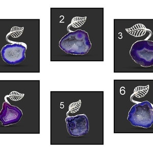 Lila geode-druzyringar, lövring, försilvrade ringar, lila lövmodering, presentring till henne, justerbara ringar för kvinnor 624
