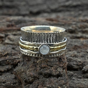 Rainbow Moonstone 925 Sterling Silver Spinner Ring, Band Anxiety Fidget Ring Gifts For Anniversary Handmade Silver Meditation Ring, GFJ-89