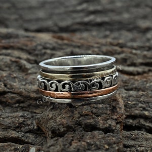 Oxidized Solid 925 Sterling Silver Designer Spinner Ring For Women, Handmade Three Tone Meditation Ring Gift, Anxiety Bridesmaid Ring-70
