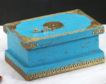 Handmade Wooden Jewelry Box: Sky Blue Boho Trinket Box