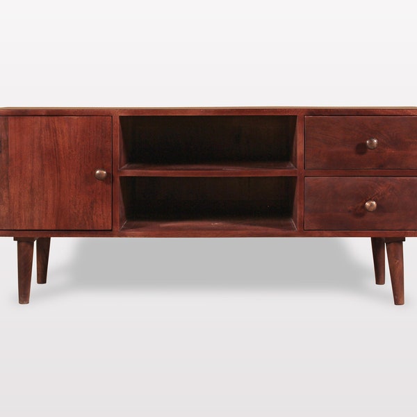 Unité de télévision en bois 1 porte 2 tiroirs Armoire De style milieu de siècle Moderne Tv Console Stand Marron Bois Ton Peint Meilleure Qualité Artisanat indien