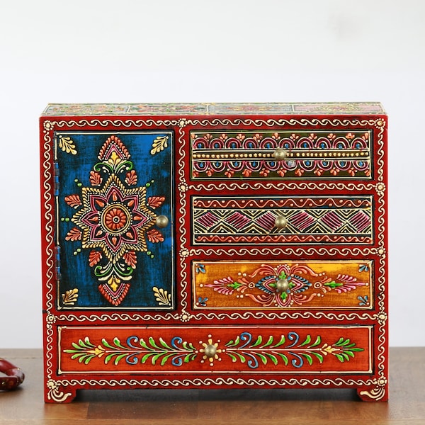 Wooden Hand Painted Chest of 4 Drawers 1 Door Jewelry Box Wooden box Trinket Box Girl's Gift Mother's Day Gift Boho Style Christmas gift