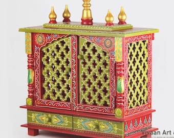 Handcrafted Wooden Temple Mandir: Gold & Red Jali Pooja Ghar