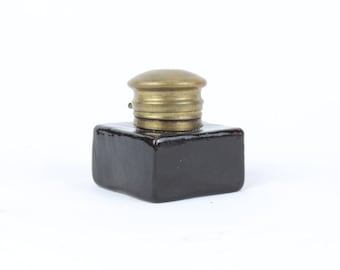 Vintage Victorian Style Thick Black Glass Inkpot with Rare Cap Fitted Inkwell