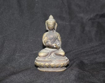 Miniature Antique Style Brass Buddha - Peaceful Seated Figurine - Meditation Room Decor - Eastern Philosophy Gift