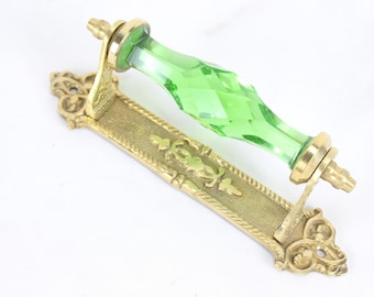 Vintage Brass Door Pull Handle with Green Faceted Crystal Glass, Antique Style Cabinet Drawer Furniture Hardware Decor