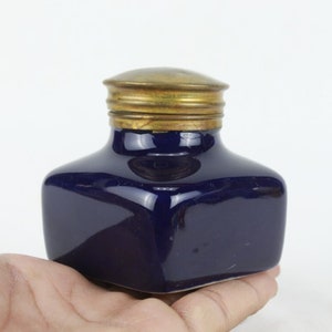 Antique Ceramic Inkwell: Handmade Dark Blue Indian Design, Brass Cap ...