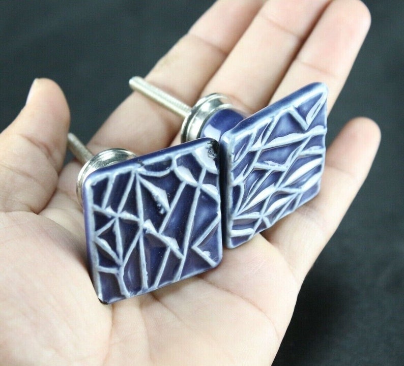 Blue Ceramic Square Knobs: Geometric Dresser Drawer Pulls - Set of 2 image 9