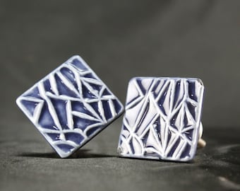 Blue Ceramic Square Knobs: Geometric Dresser Drawer Pulls - Set of 2