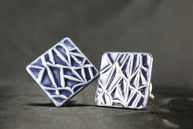 Blue Ceramic Square Knobs: Geometric Dresser Drawer Pulls - Set of 2 image 1
