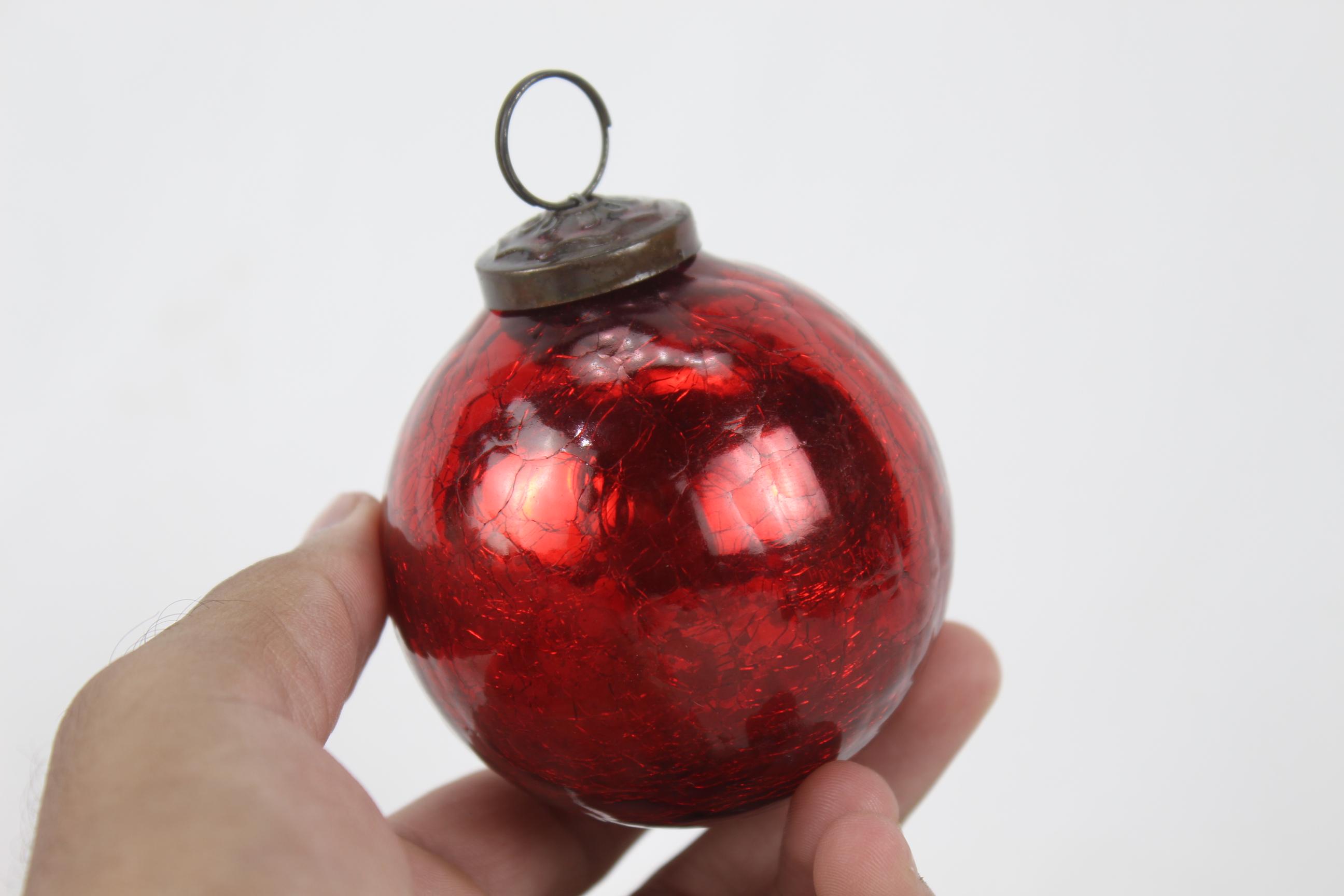 Lot De 6 Boules De Noël Vintage – Verre Craquelé Rouge – Décorations Anciennes