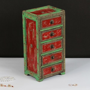 Vintage handgefertigte Holz Schmuckschatulle Antique Red & Grün Holz Schmuck Kiste w / Messing Akzente 5 Schubladen