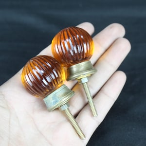 Vintage Amber Glass Cabinet Knobs: Ribbed Design, Brass Hardware