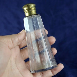 Antique Clear Glass Ink Pot: Old Brass Cap, Desk Decor Inkwell Bottle (Empty)