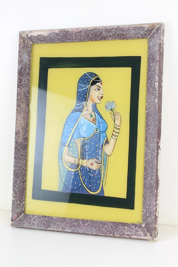 ヴィンテージのインドガラス絵画：ムガル帝国の女性の肖像画、民族の