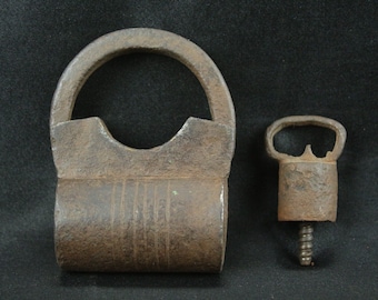 Old Iron Lock: Handmade Screw Style Key, Cylindrical Shape, Heavy Vintage Lock