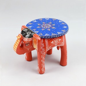 Orange Wooden Elephant Stool Blue Table Top Hand Painted Floral Art Decorative