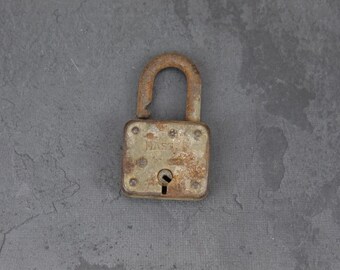 Antique Tiny Rusted Jammed Old Iron Lock - Vintage Decor Collectible Key Chain