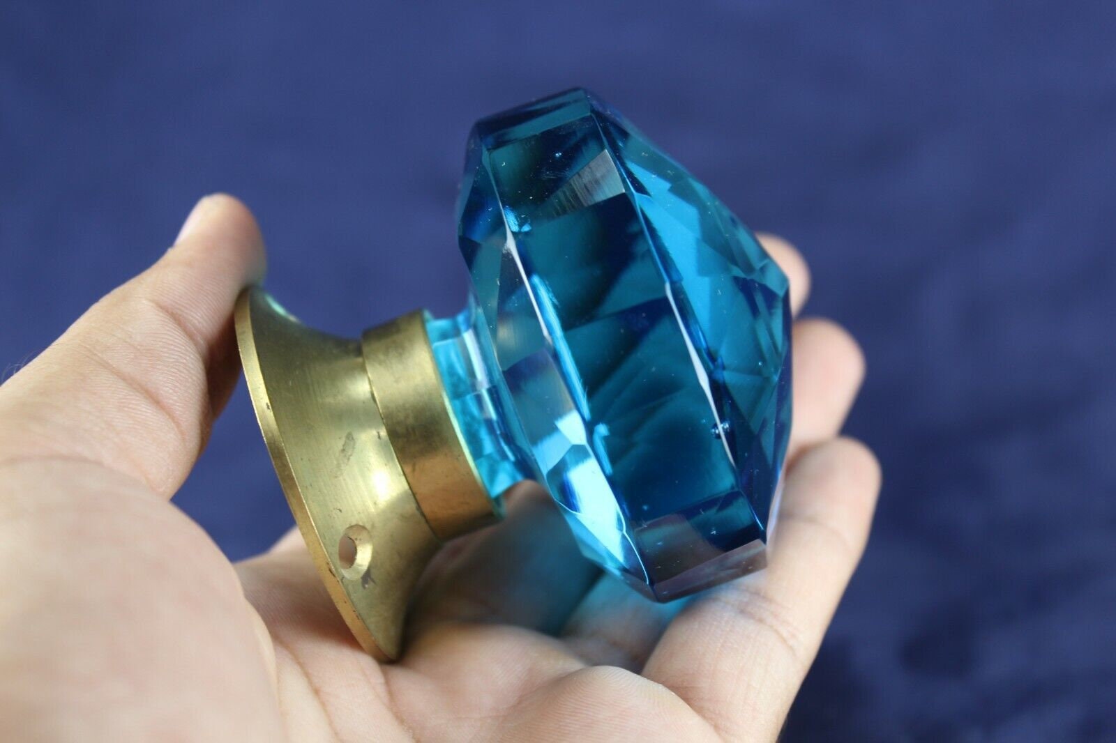 Cut Glass Door Knob: Vintage Victorian Blue Glass, Brass Handle