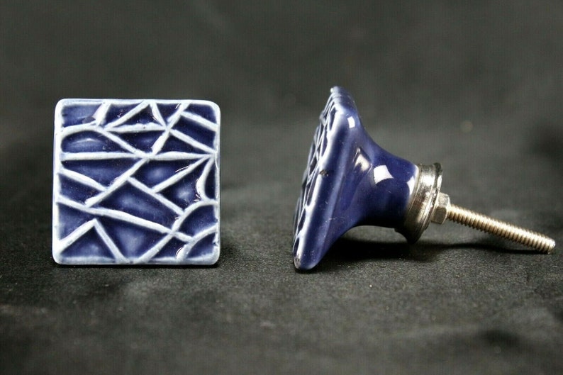 Blue Ceramic Square Knobs: Geometric Dresser Drawer Pulls - Set of 2 image 2