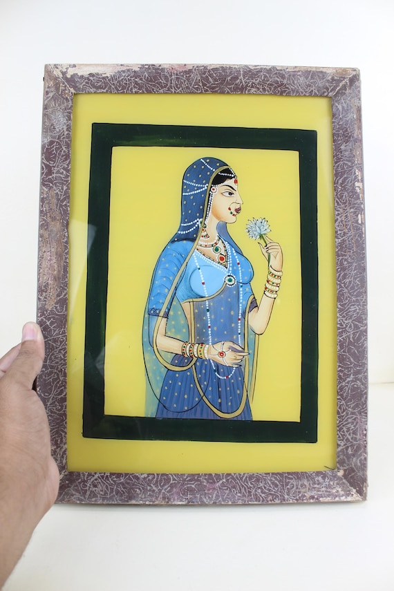 ヴィンテージのインドガラス絵画：ムガル帝国の女性の肖像画、民族の